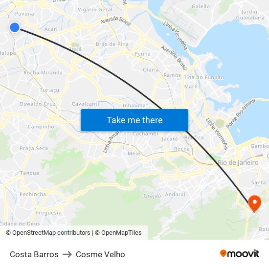 Costa Barros to Cosme Velho map