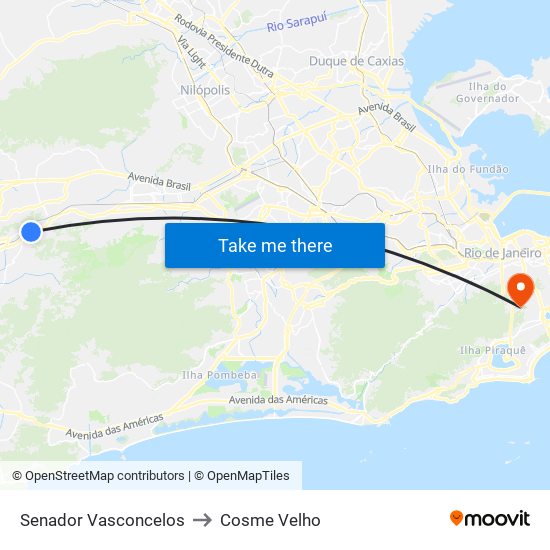 Senador Vasconcelos to Cosme Velho map