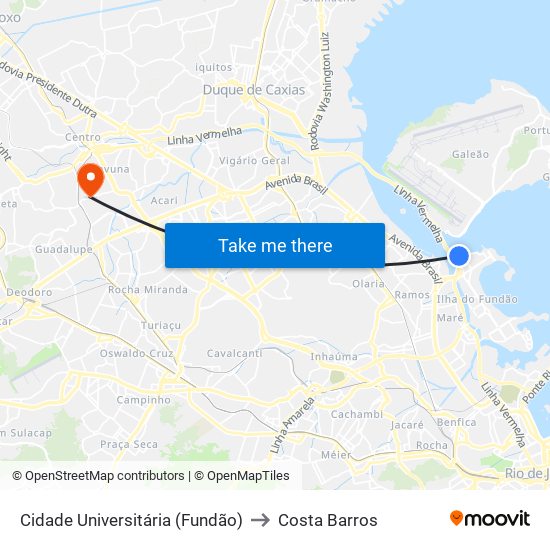 Cidade Universitária (Fundão) to Costa Barros map