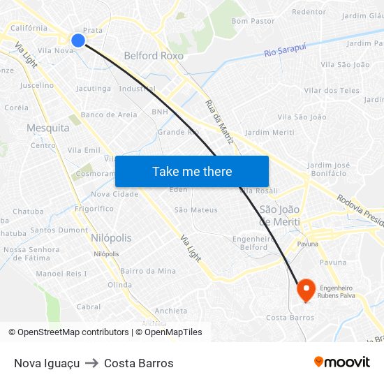 Nova Iguaçu to Costa Barros map