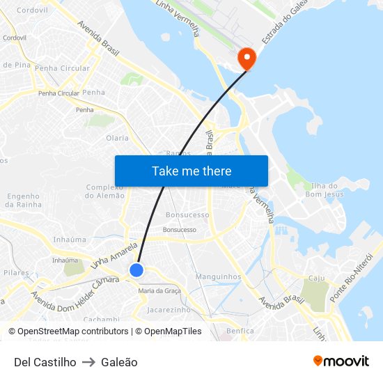 Del Castilho to Galeão map