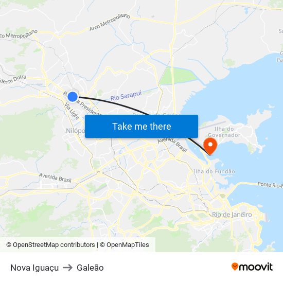 Nova Iguaçu to Galeão map