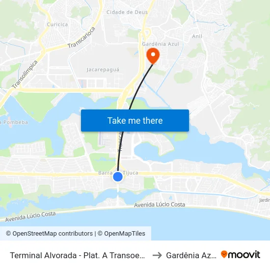 Terminal Alvorada - Plat. A Transoeste to Gardênia Azul map