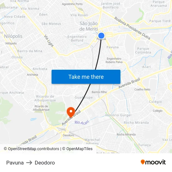 Pavuna to Deodoro map