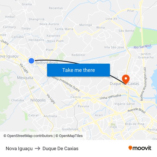 Nova Iguaçu to Duque De Caxias map
