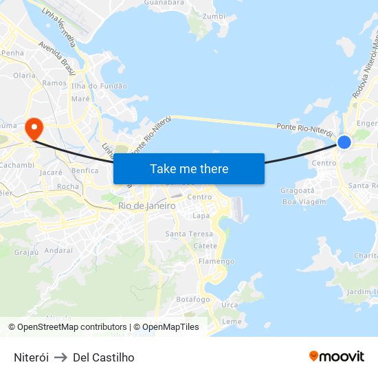 Niterói to Del Castilho map