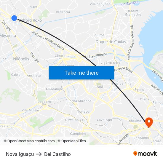 Nova Iguaçu to Del Castilho map