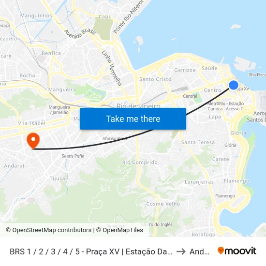 BRS 1 / 2 / 3 / 4 / 5 - Praça XV | Estação Das Barcas to Andaraí map