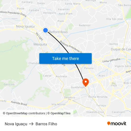 Nova Iguaçu to Barros Filho map