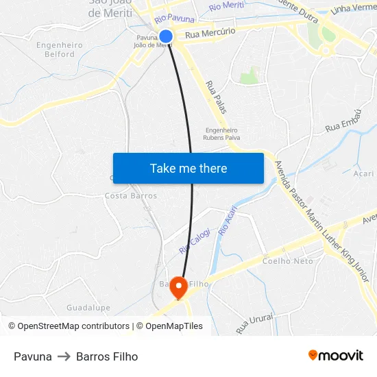Pavuna to Barros Filho map