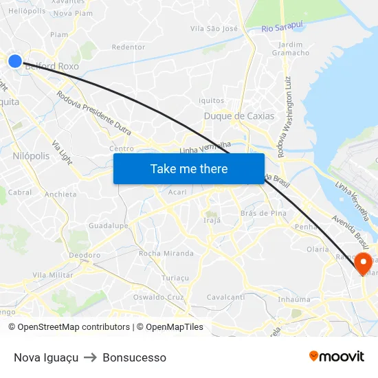 Nova Iguaçu to Bonsucesso map