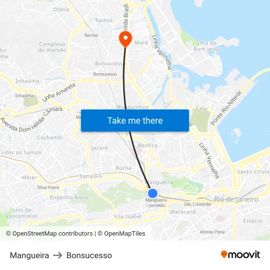 Mangueira to Bonsucesso map