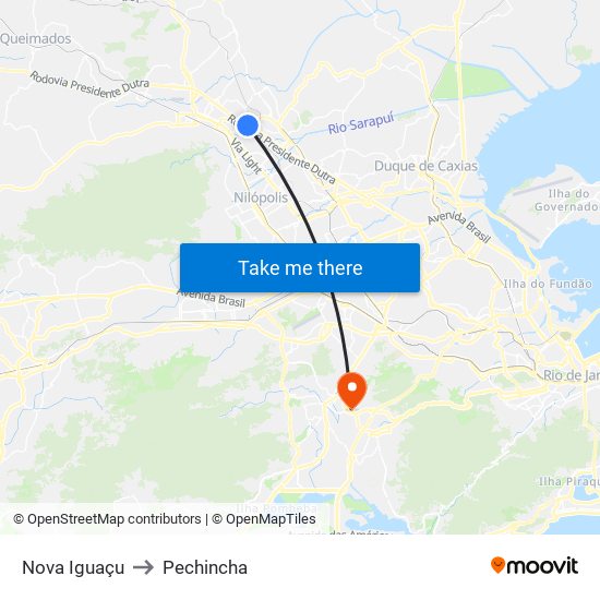 Nova Iguaçu to Pechincha map