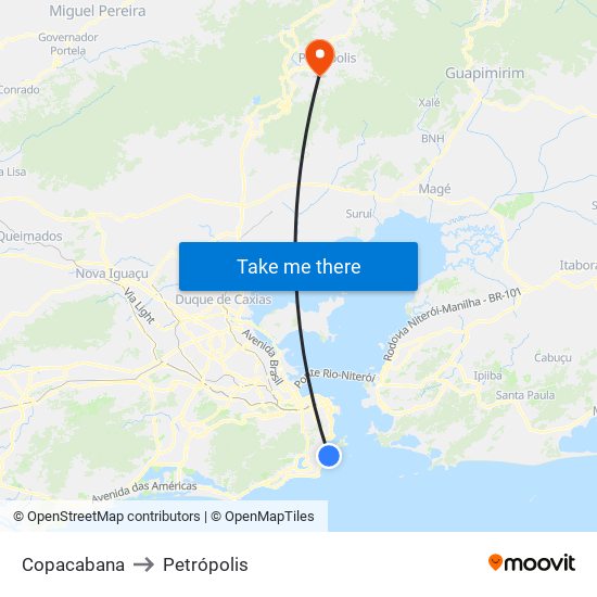 Copacabana to Petrópolis map