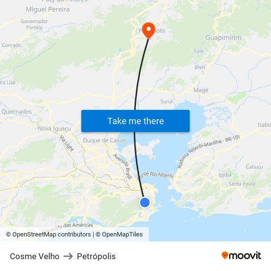 Cosme Velho to Petrópolis map