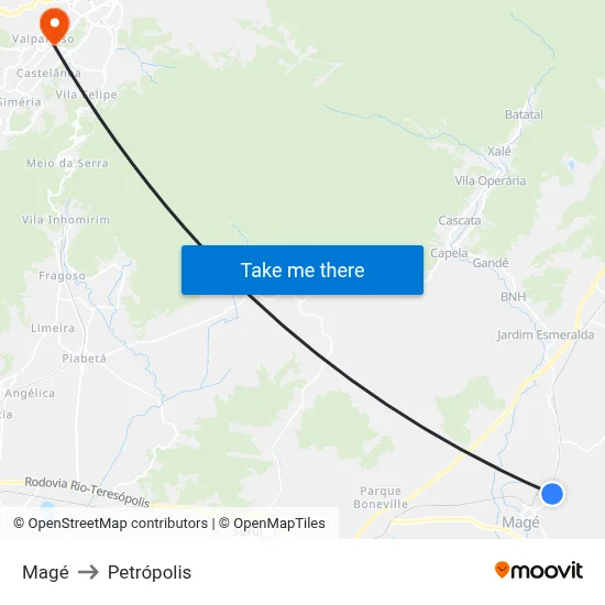 Magé to Petrópolis map