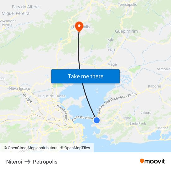 Niterói to Petrópolis map