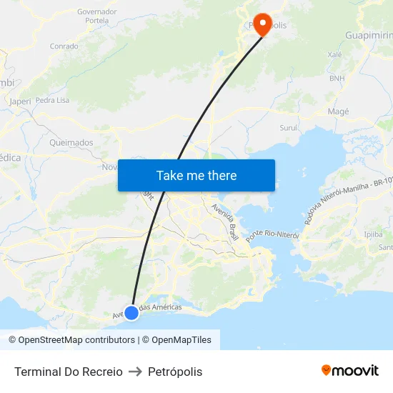 Terminal Do Recreio to Petrópolis map