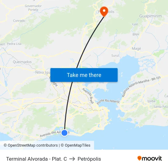 Terminal Alvorada - Plat. C to Petrópolis map