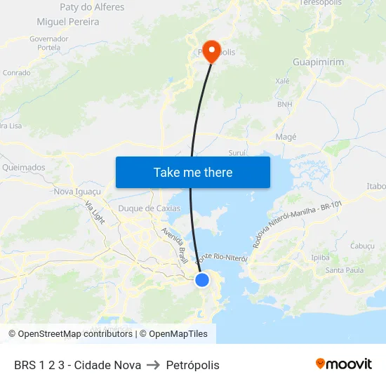 BRS 1 2 3 - Cidade Nova to Petrópolis map