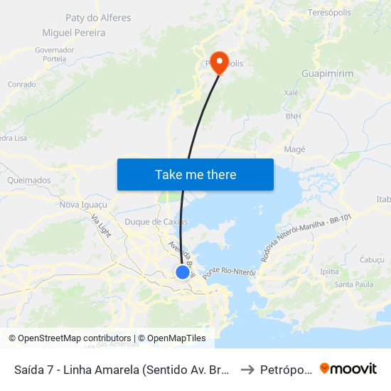 Saída 7 - Linha Amarela (Sentido Av. Brasil) to Petrópolis map