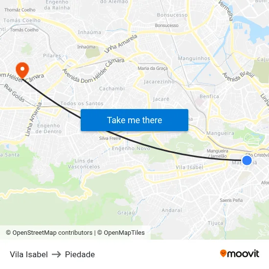 Vila Isabel to Piedade map