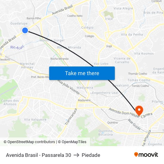Avenida Brasil - Passarela 30 to Piedade map