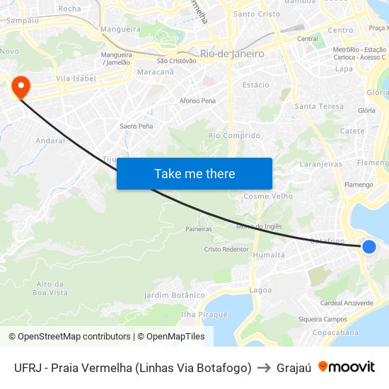 UFRJ - Praia Vermelha (Linhas Via Botafogo) to Grajaú map