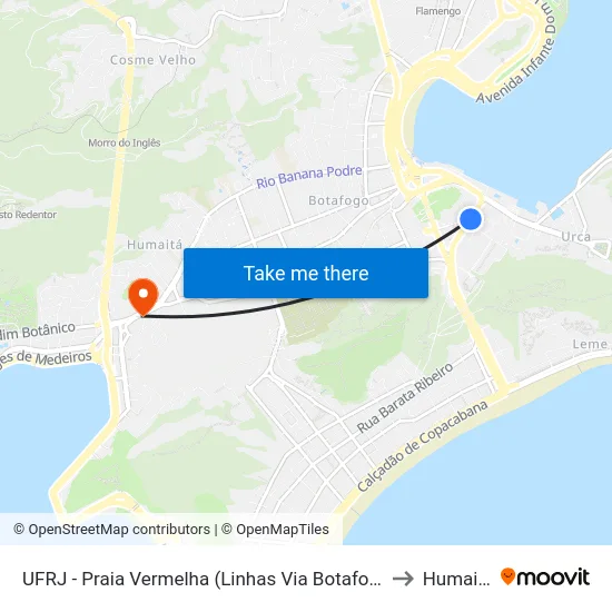 UFRJ - Praia Vermelha (Linhas Via Botafogo) to Humaitá map