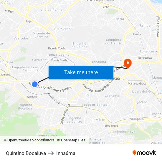 Quintino Bocaiúva to Inhaúma map