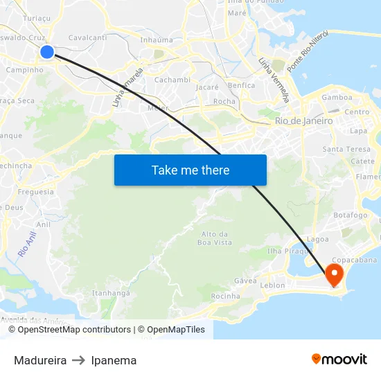 Madureira to Ipanema map