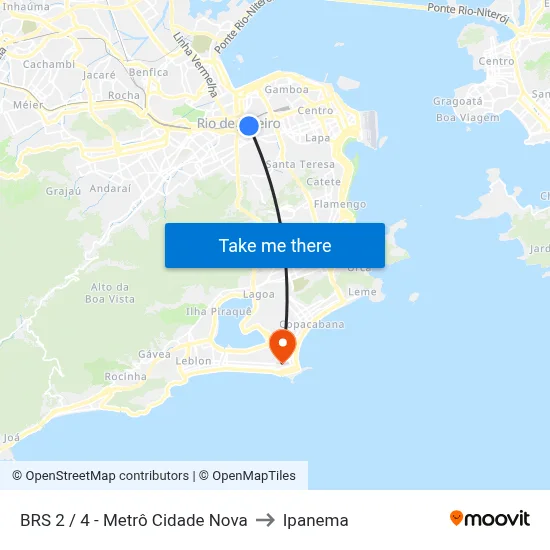 BRS 2 / 4 - Metrô Cidade Nova to Ipanema map