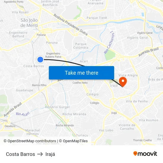 Costa Barros to Irajá map