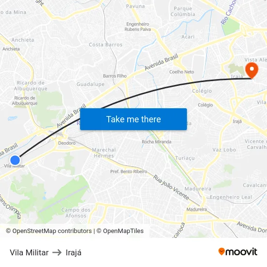 Vila Militar to Irajá map