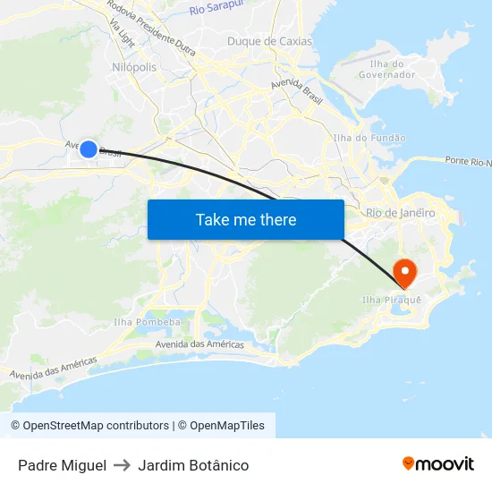 Padre Miguel to Jardim Botânico map