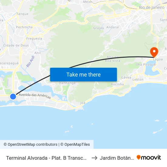 Terminal Alvorada - Plat. B Transcarioca to Jardim Botânico map