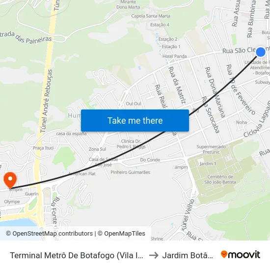 Terminal Metrô De Botafogo (Vila Isabel) to Jardim Botânico map