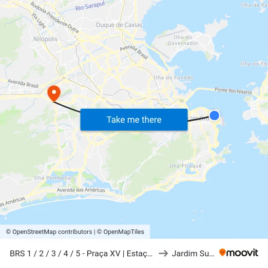 BRS 1 / 2 / 3 / 4 / 5 - Praça XV | Estação Das Barcas to Jardim Sulacap map