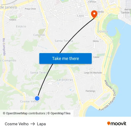 Cosme Velho to Lapa map
