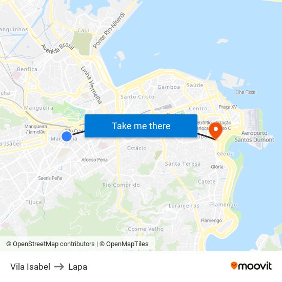 Vila Isabel to Lapa map