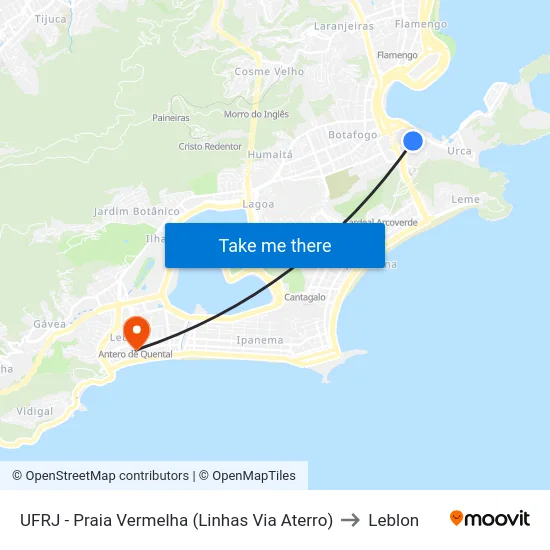 UFRJ - Praia Vermelha (Linhas Via Aterro) to Leblon map