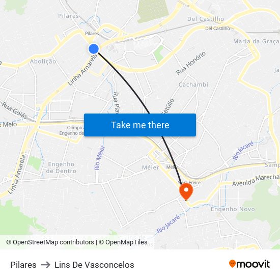 Pilares to Lins De Vasconcelos map