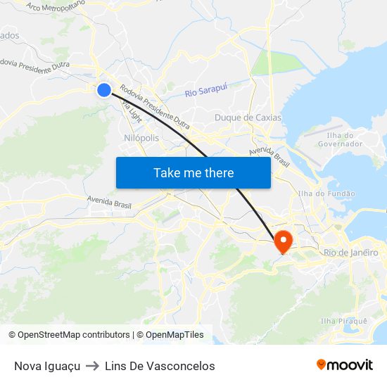 Nova Iguaçu to Lins De Vasconcelos map