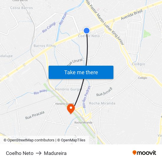 Coelho Neto to Madureira map