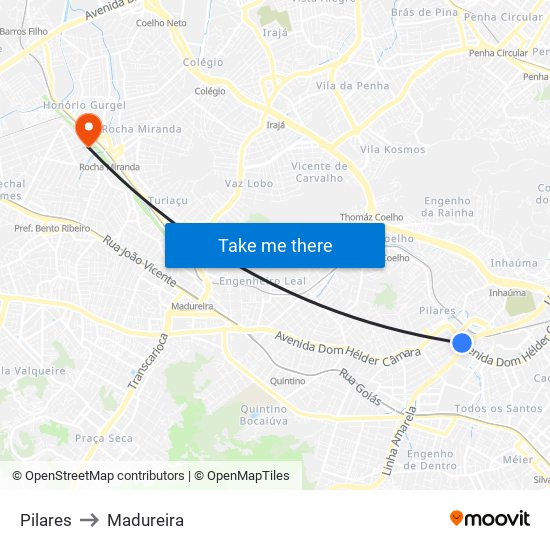 Pilares to Madureira map