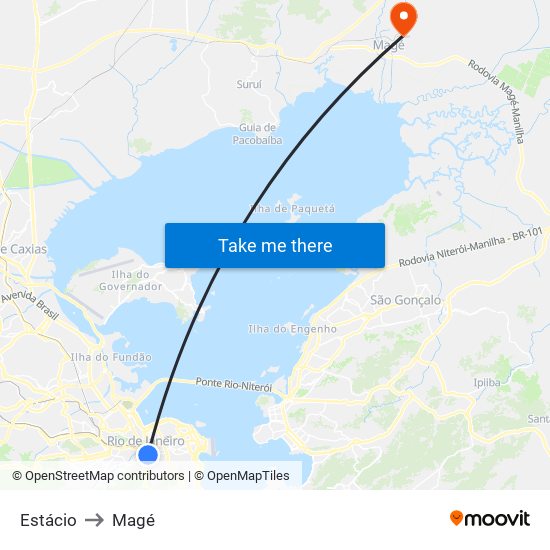 Estácio to Magé map