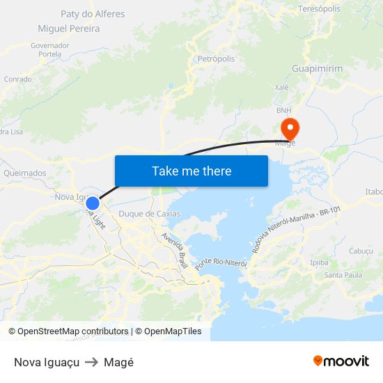 Nova Iguaçu to Magé map