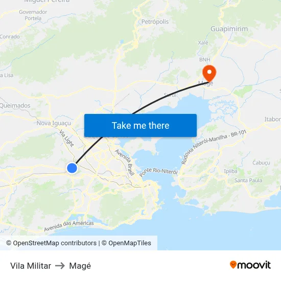 Vila Militar to Magé map