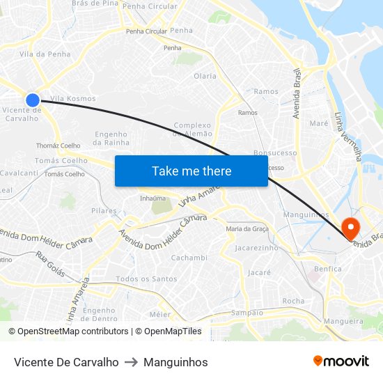 Vicente De Carvalho to Manguinhos map