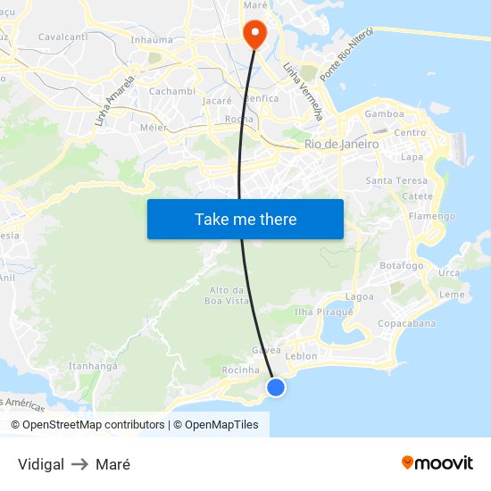 Vidigal to Maré map